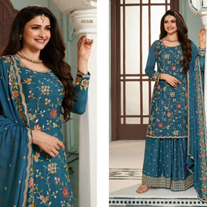 Proveedor de Ropa Étnica India de la mejor calidad Diseñador de moda Heavy Premium Silk Georgette Sequence Work Palazzo Suit - Product Image 6