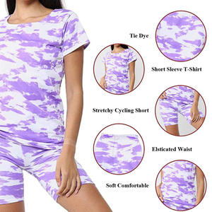 Conjunto Deportivo de 2 Piezas para Mujer, Camiseta de Manga Corta y Pantalones Cortos por Encima de la Rodilla, Camuflaje Morado y Blanco, Tejido Transpirable, Ropa de Primavera/Verano - Product Image 4