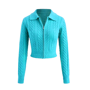 Women Knit <b>Cardigan</b> Blue Casual Long Sleeve Lapel Neck <b>Zip</b> <b>Up</b> Autumn Top Selling Fashion Lady Cropped Cable Sweater Outerwear - Product Image 6