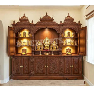 Armoire d'autel en bois de style traditionnel pour la maison, grande taille, en teck sculpté à la main, style hindou, temple Puja, Californie - Product Image 1