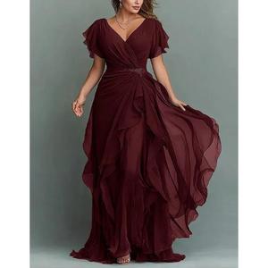 Amorzinho – robe de soirée élégante en mousseline de soie bleu marine, taille basse, col en v, coupe trapèze, longueur au sol, de haute qualité, séchage rapide - Product Image 4