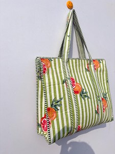Bolsa de Mano de Algodón a Rayas Verdes con Estampado de Granada, Estilo Bohemio, Casual, con Cierre, para Compras y Viajes, para Mujer - Product Image 3