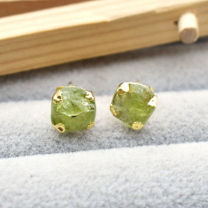 Natural Raw Peridot <b>Stud</b> Earring Gold Electroplated Gemstone <b>Stud</b> August Birthstone Jewelry Minimalist Gift for Her - Product Image 1