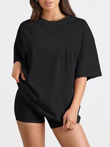 เสื้อยืดโอเวอร์ไซส์สีดำล้วน แขนสั้น คอกลม ทรงหลวม ผ้าเจอร์ซีย์คอตตอน 100% ระบายอากาศได้ดี ใส่ได้ทุกฤดู สำหรับผู้หญิง - Product Image 1
