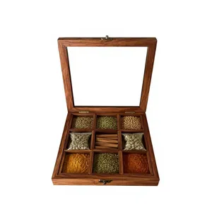 Boîte à épices décorative en bois brun naturel, boîte à épices carrée, organisateur de rangement pour la maison et la cuisine - Product Image 4