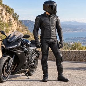 Blouson de moto en cuir noir pour homme, coupe-vent, avec protections d'épaules - Product Image 6