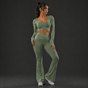 Conjunto Deportivo para Mujer, Top Corto de Manga Larga y Leggings de Cintura Alta, Ropa Deportiva Elástica y Transpirable - Product Image 1