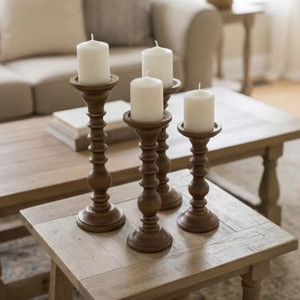 Ensemble de 4 chandeliers en bois de noyer foncé, porte-bougies à pilier, décoration traditionnelle pour la maison, centre de table de mariage - Product Image 2