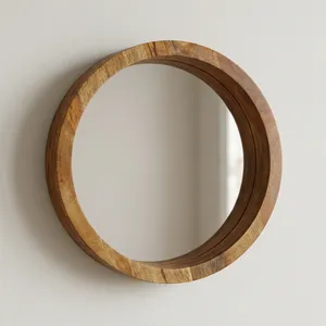 Espejo de Pared Redondo Moderno con Marco de Madera Natural Marrón de 3.00mm de Grosor, Diseño Artesanal, M1136, Decoración para el Hogar - Product Image 1