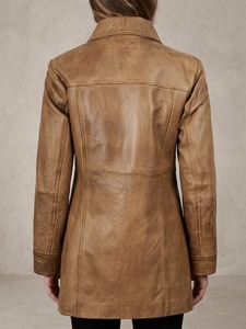 <b>Womens</b> Genuine Lambskin <b>Leather</b> Car Coat Camel <b>Brown</b> Three Quarter Length Button Front <b>Jacket</b> - Product Image 3