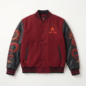 Blouson bomber pour homme avec broderie de dragon rouge, manches en cuir noir, veste de mode streetwear personnalisée - Product Image 6
