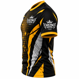 Maillot de sport personnalisé 100 % polyester rayé respirant coupe classique pour homme, col rond, logo frontal, manches courtes, idéal pour la boxe et la gym - Product Image 3