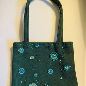 กระเป๋าผ้าเดนิมสีเขียวเข้ม กระเป๋าถือลายปักลูกปัดสีน้ำเงิน กระเป๋าสะพายผ้าฝ้าย กระเป๋าสะพายไหล่ผู้หญิง ใช้ในชีวิตประจำวัน กระเป๋าลำลอง - Product Image 1
