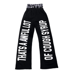 Pantalon large décontracté pour homme, taille mi-haute avec cordon de serrage, en toile délavée à l'acide noir, style streetwear éco-responsable, motif 'That's Awful Lot Cough Syrup' - Product Image 1