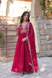 Luxe Blooming Silk Maxi Dress Zari Thread <b>Flared</b> Gown <b>Sequin</b> Pattern Border Wrap V Neck Stitched Women Indian Ethnic Set - Product Image 3