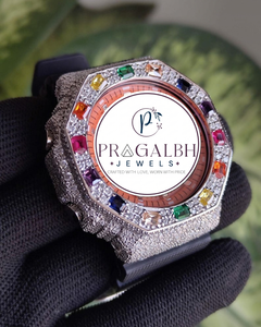 Montre de luxe pour homme en acier inoxydable avec mouvement MiYota, cadran analogique sportif et mode, sertie de diamants et de pierres précieuses multicolores - Product Image 2