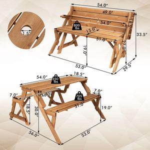 Tavolo da Picnic in Legno 2-in-1 Trasformabile con Panca Intercambiabile e Foro per Ombrellone - Product Image 5
