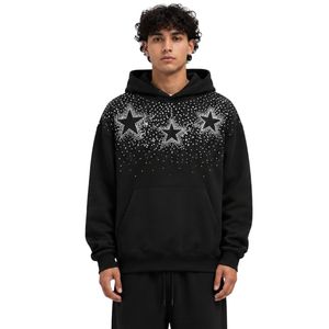 Sweat à capuche oversize noir en polaire pour homme, motif étoile en strass et cristaux, pull épais, streetwear, personnalisable OEM - Product Image 1
