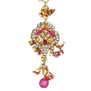 Vintage Gold Plated Kundan Tikka With Pink Enamel And Crystal Handmade Forehead Jewelry For Wedding - Product Image 3