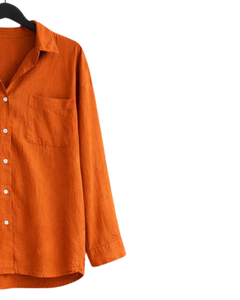 Ensemble deux pièces en lin orange brûlé pour femme, chemise à manches longues boutonnée et pantalon large à taille élastique, tenue décontractée - Product Image 2