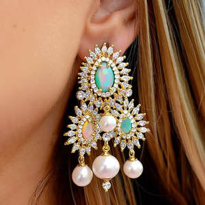 Oval Huggie Earrings with Multi Stone Zircon Opal Pearl & Diamond Gold Plated Alloy Trendy Party Jewelry - Product Image 3