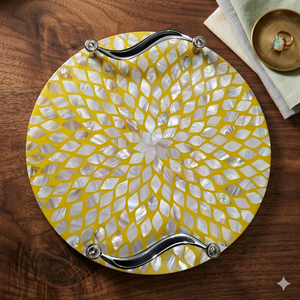 Handmade Customizable Color Wooden Tray Arabic Mother Pearl Marble Inspired Bone Inlay Metal Handles Home Serving Trays - Product Image 1