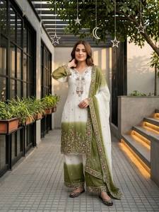 Conjunto de Kurta y Palazzo de Georgette de Doble Tono Premium para Mujer, Bordado con Estrellas y Dupatta con Lentejuelas |   Traje Étnico Indio Completamente Cosido - Product Image 1