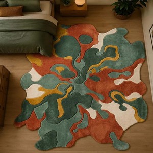 Alfombra de Área con Forma Orgánica Abstracta, Irregular, Moderna, con Mechones, en Verde, Terracota, Mostaza y Crema, para Sala de Estar o Dormitorio - Product Image 6