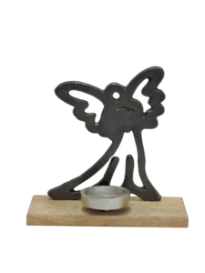 Porte-bougie en métal foncé en forme d'ange avec coupelle pour bougie chauffe-plat et base en bois, décoration de table - Product Image 4