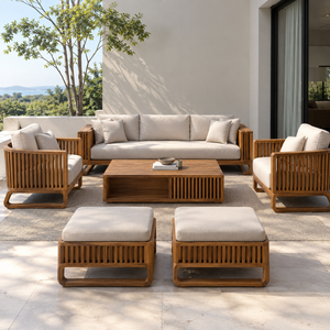 Conjunto de Sofá de Madera de Teca Sólida para Exteriores con Sillones de Listones, Mesa de Centro, Otomana y Cojines para Patio, Jardín, Hotel o Resort - Product Image 2