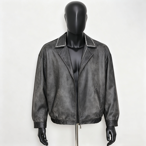 Custom <b>Men's</b> Blue Genuine Leather Distressed Regular <b>Jacket</b> Embossed <b>Checkered</b> Patchwork Design Stand Collar Zipper Closure - Product Image 1