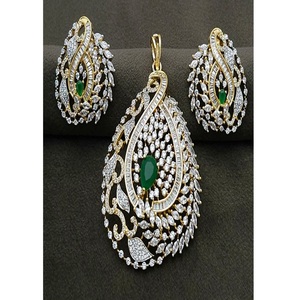 Stylish Trendy Gold White Finish Plated Brass Zircon Link <b>Chain</b> Pendant Set Necklace <b>Earrings</b> Women Wedding Party Collection - Product Image 2