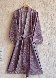 Kimono Estampado con Bloques para Mujer, Holgado, Cuello en V, Manga Tres Cuartos, Algodón Tejido, Ropa Casual para Todas las Estaciones, Largo Midi con Cinturón - Product Image 3