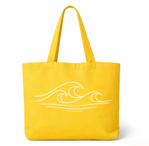Sac de plage en toile jaune réutilisable personnalisé avec motif vague blanche, grande capacité, poignée épaule, sac de shopping imprimé - Product Image 5