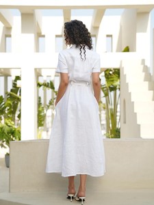 Vestido Largo Bohemio de Lino y Algodón Blanco para Mujer, Cuello Camisero, Botones al Frente, Cintura Ajustada con Cinturón, Estilo Fluido - Product Image 2