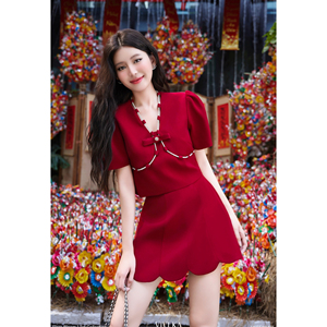 Women's <b>Red</b> A-Line <b>Mini</b> <b>Skirt</b> With Scalloped Hem Elastic Waist Sweet Style Solid Color Woven Fabric THETIS - Product Image 5