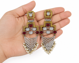 Oxidized Silver Gold-Plated Ethnic Fancy Chandelier Earrings Sapphire Bezel Setting Two Tone Long Dangles Direct Factory - Product Image 3