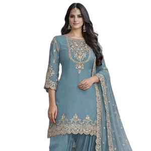 ชุดส่าหรีแบบดั้งเดิมสำหรับผู้หญิง ผ้าจอร์เจตต์เทียม ปักลายฟ็อกซ์ ความยาวระดับเข่า ชุดอินเดีย ชุดปากีสถาน สำหรับงานแต่งงาน - Product Image 1