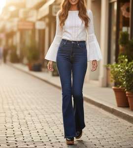 Jeans de mezclilla elástica para mujer, de cintura alta, transpirables, ecológicos, para uso exterior, hechos a medida, talla OEM, corte de bota, estilo urbano. - Product Image 1