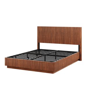 Moderno Letto Queen Size in Noce con Luci LED, Design a Linee Curve Ondulate e Pannello con Scanalature Convesse - Product Image 6