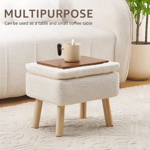 Pouf Contemporaneo Bianco Rettangolare con Rivestimento in Pile Teddy e Gambe in Legno Massello, Poggiapiedi per Ingresso di Casa - Product Image 5