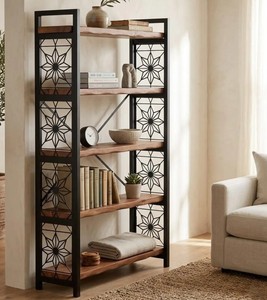 Modern Industrial <b>Wooden</b> Etagere Shelf 5-Tier with Metal Frame Freestanding Backless <b>Bookcase</b> For Living Room Home Furniture - Product Image 3