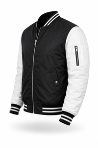 Veste universitaire noire et blanche pour homme, coupe classique, polyester, fermeture éclair, couleur unie, style décontracté, col rabattu, vêtement d'automne - Product Image 4