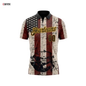 เสื้อโปโลสำหรับการแสดงยิงธนู ลายธงชาติสหรัฐอเมริกา สีดำ แดง-ทอง แบบกำหนดเอง - Product Image 1
