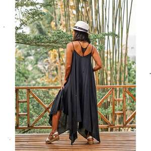 Vestido Maxi Asimétrico Bohemio Negro para Mujer, Vestido de Algodón sin Mangas con Tirantes Finos, Ropa de Verano para Vacaciones - Product Image 4