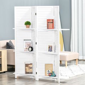 Divisorio Pieghevole Portatile a 4 Pannelli da 67 Pollici, Bianco, in Legno, con Ripiani Espositivi, Paravento Tradizionale in Bambù - Product Image 2