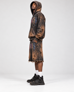 <b>Men's</b> Distressed Stone Wash <b>Hoodie</b> <b>and</b> <b>Shorts</b> <b>Set</b> Colorful FEARLESS Print Loose Streetwear Tracksuit - Product Image 2