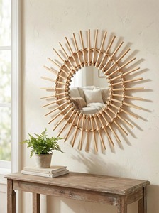 Stylish Sunburst Shape Bamboo And Rattan <b>Mirror</b> Ideal For Living Room Wall Decor For Eye Catching Boho Statement Look - Product Image 2