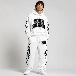 Custom Flame Screen Print <b>White</b> Oversized Hoodie And Sweatpants Set Streetwear 100% Cotton 400GSM Fabric <b>Tracksuit</b> For Wholesale - Product Image 4