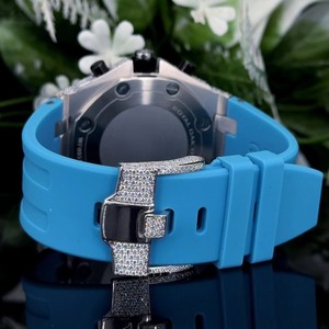 Iced Out Moissanite Quartz <b>Watch</b> Stainless Steel Chronograph Analog Dial Rubber Strap Diamond Look Business Party - Product Image 3